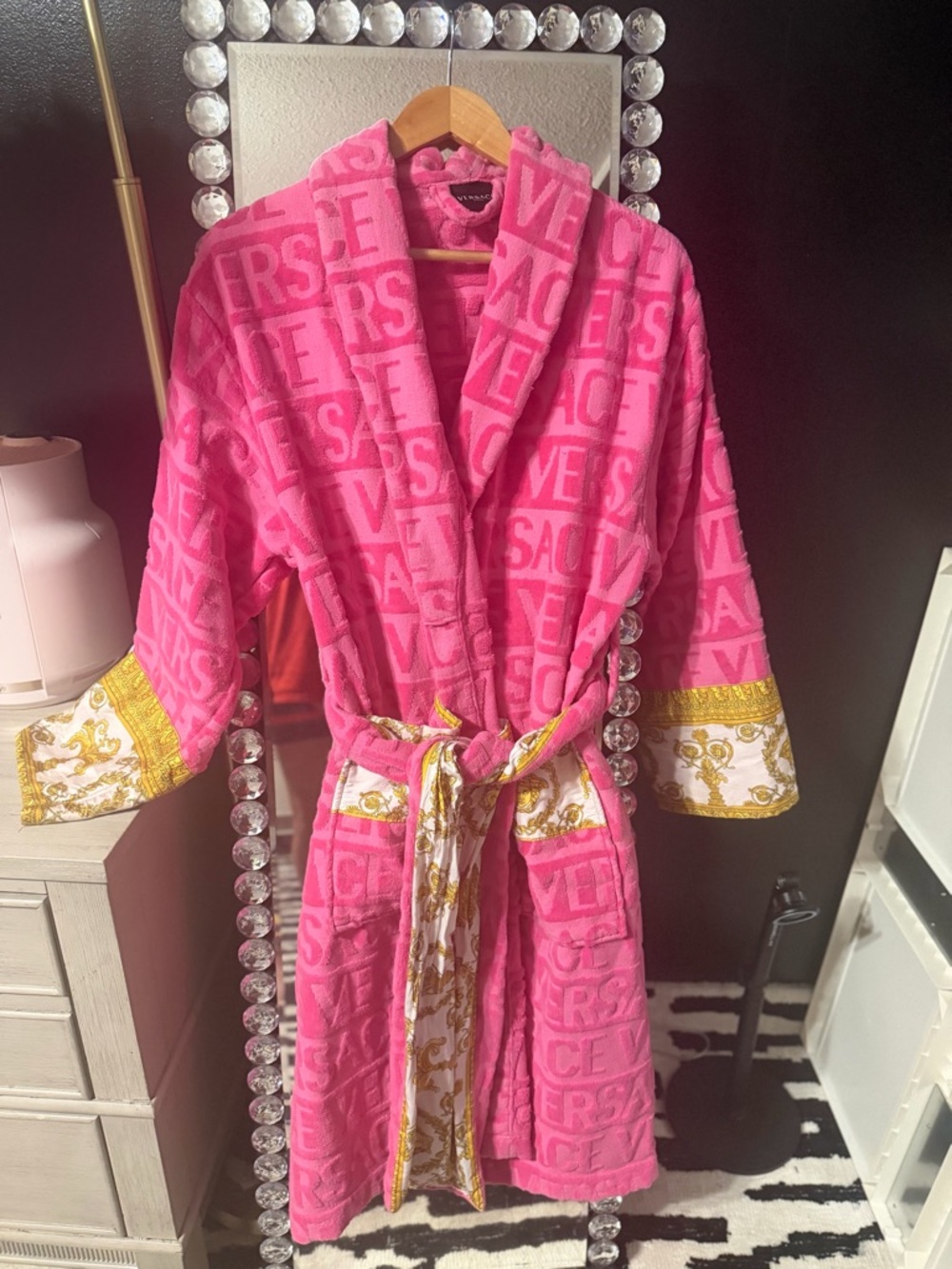Versace Pink Logo Bathrobe with Gold Baroque Accents